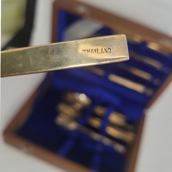 Vintage Solid Bronze Thai Made Cutlery Set of 4+ Chopstick Model Rosewood Box - Picture 8 of 10